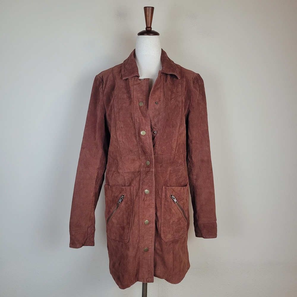 Forever 21 Jacket Medium Rust Brown Suede Longline Equestrian Car Coat Y2K 90s